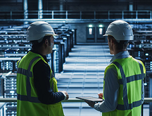 Two workers inside of a data center